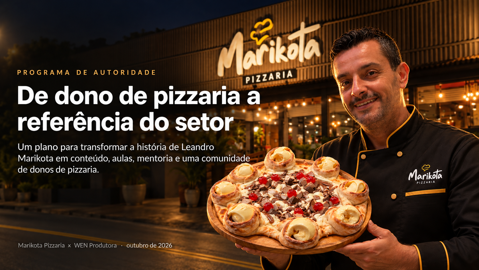 Leandro Belini na frente da fachada da Marikota