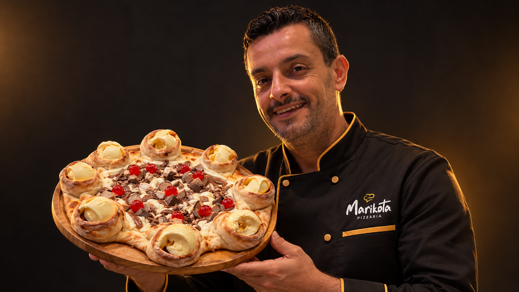 Leandro Belini, fundador da Marikota, segurando a pizza Borda Vulcão